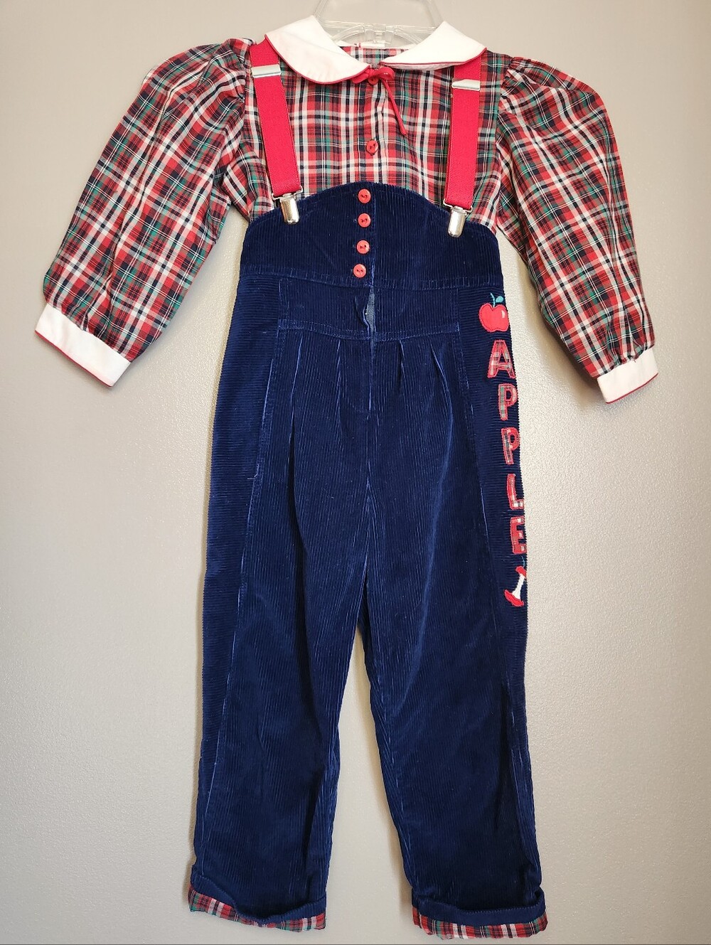 Vintage Girls Navy & Red Corduroy Suspender Pants & Shirt Set Size 4T